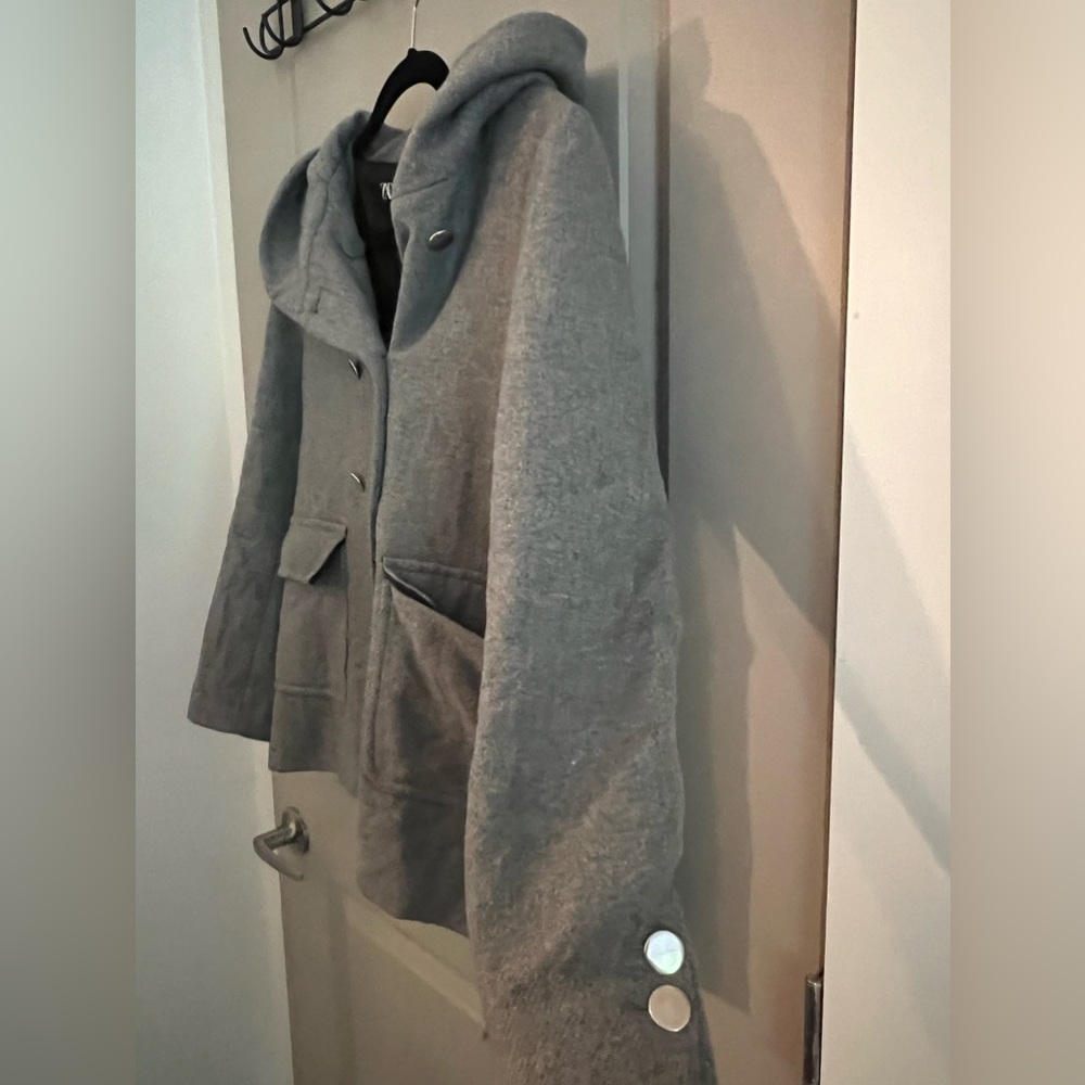 Zara hood double breast wool hooded jacket grey size small - Picture 5 of 12